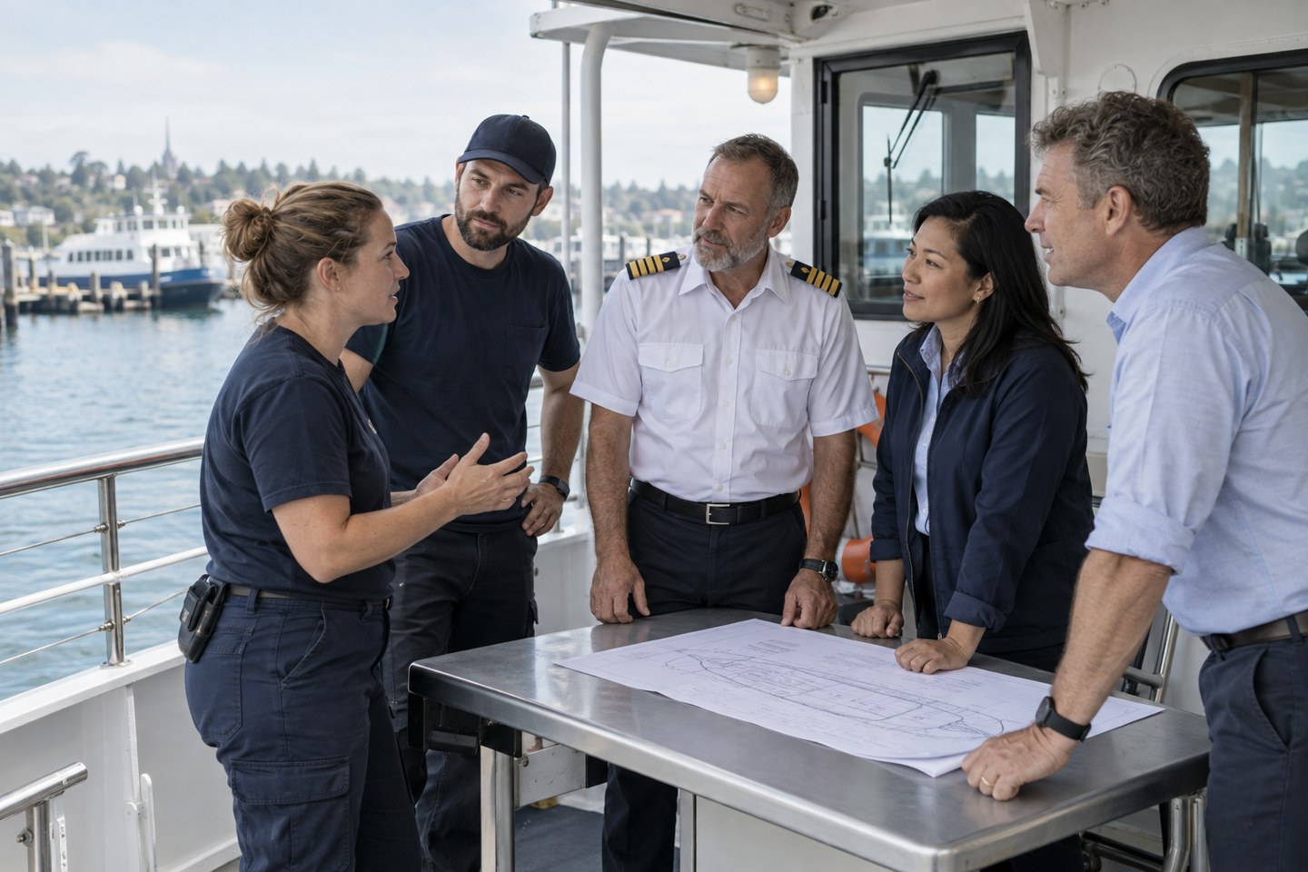 Illustrative scene of a captain, crew members and operators discussing vessel operations